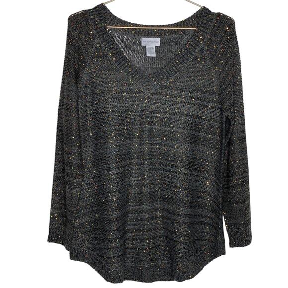Soft Surroundings Womens Petite Medium Gray Tunic Sweater Gold Sequins V Neck - Picture 1 of 8
